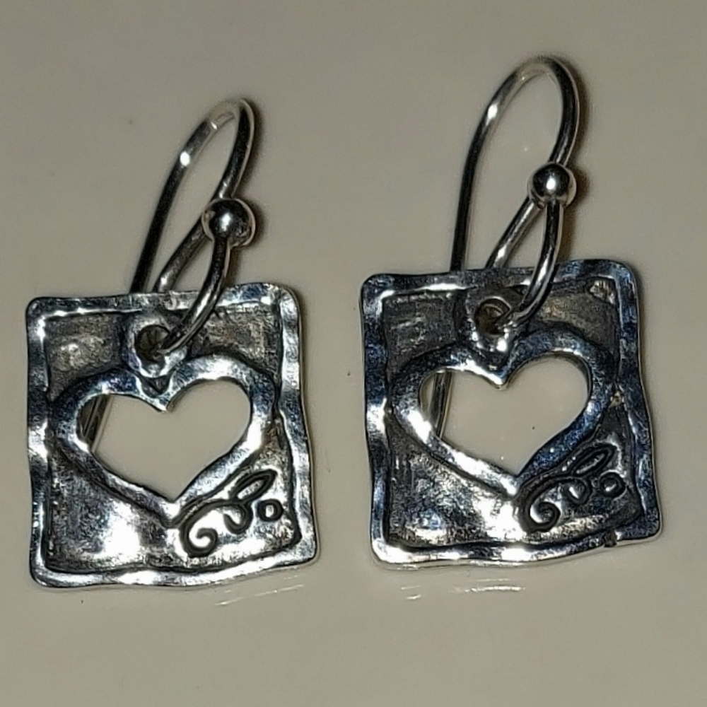 .925 Darce Signed Sterling Silver Square w Heart Dangle Earrings 1"